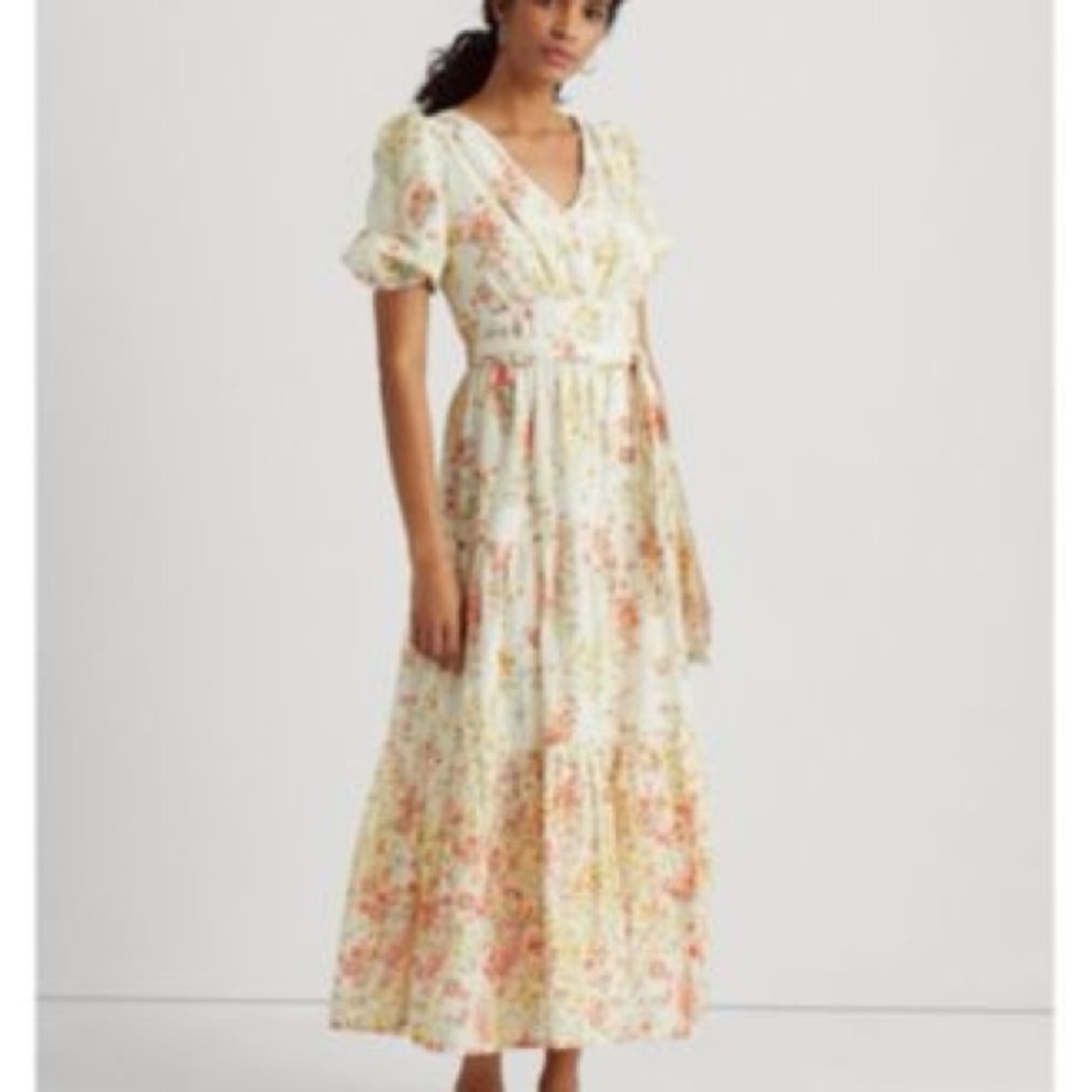 Ralph Lauren Floral Cream Maxi Dress with Orange/Yellow/Pink Print Size 10 - Picture 11 of 11